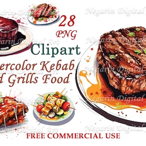 Watercolor Kebab Clipart – BBQ Grilled Food PNG, Middle Eastern Street Food Art