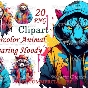 Watercolor Animal in Hoodie Clipart – Cute Animal PNG Bundle, Digital Download