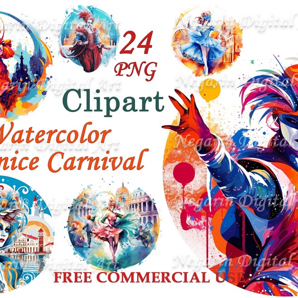 Watercolor Venice Carnival Clipart, Digital Download, Mask Clip Art, Masquerade Graphics, Party Decorations , Negarin Digital Art