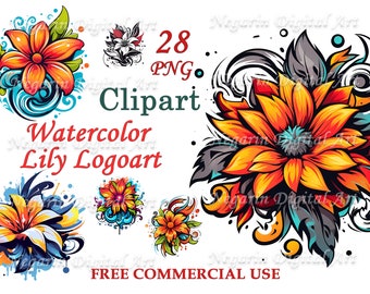 May include: A set of 28 watercolor lily clipart images in PNG format. The images feature lilies in various colors and styles, including orange, yellow, and red. The lilies are surrounded by intricate floral designs and swirls. The text "Watercolor Lily Logoart" and "FREE COMMERCIAL USE" is included in the image.
