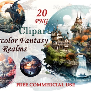 Fantasy Realms Clipart – Aquarell PNG für Storybooks & RPG Decor