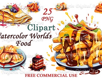 World Food Clipart – Watercolor Global Cuisine PNG Set, Kitchen Art