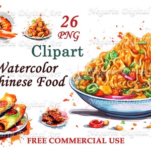 Clipart de comida chinesa – PNG aquarela para cardápio, rótulo e decoração asiática
