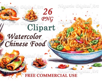 Imágenes prediseñadas PNG de comida china en acuarela, decoración de menús y etiquetas de cocina asiática / Descarga digital