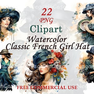 Francuska dziewczyna kapelusz clipart – Elegancki akwarelowy moda PNG dla kobiet wystrój