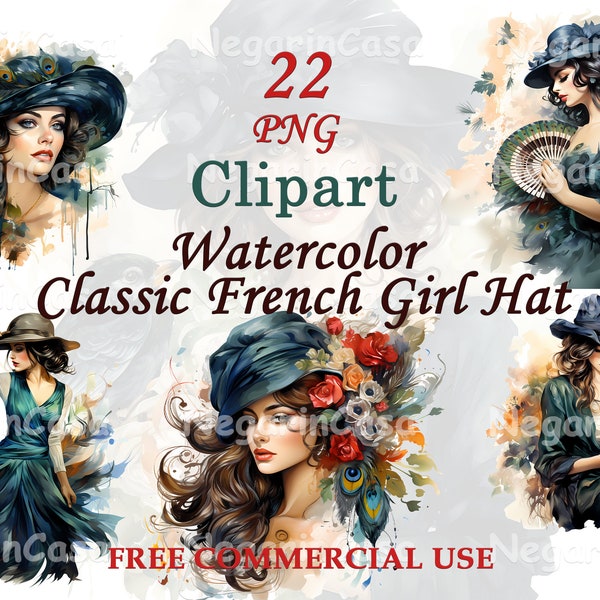 Chapeau de fille Français classique aquarelle élégante - téléchargement numérique, Clipart chapeau Chic, NegarinCasa