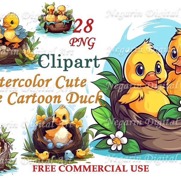 Watercolor Cute Little Cartoon Duck Clipart, Digital Download, Cute Rubber Ducky Graphics,Nursery Prints,Kids Room Decor,Negarin Digital Art