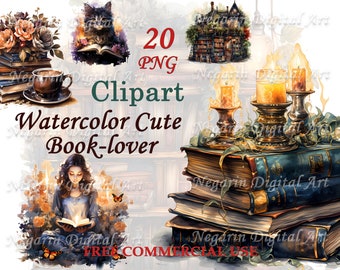 Clipart Book Lover – aquarel-png voor leeskunst en gezellig decor
