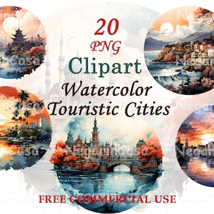 Touristic Cities Clipart – Watercolor Travel Landmarks PNG Set