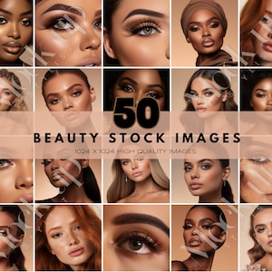 Puede incluir: Una cuadrícula de 20 imágenes de archivo de belleza que presentan a diversas mujeres con maquillaje profesional. Las imágenes muestran retratos en primer plano con varios tonos de piel, colores de ojos y peinados. El texto dice "50 BEAUTY STOCK IMAGES" y "1024 x 1024 HIGH QUALITY IMAGES".
