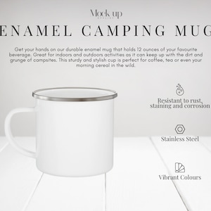Printify Imprimir maqueta de taza bajo demanda 12oz // Tabla de información de taza de camping esmaltada // Maqueta de taza de camping // Tabla de tamaños de taza de camping esmaltada //