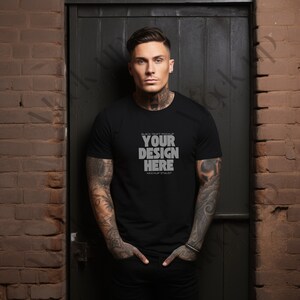 Tattooed Man Black T-Shirt Mockup Tattoo Black Shirt Mockup Bella And Canva Mockups Tattoos Bella Canvas Mockup, Male Shirt mockup, Urban