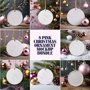 May include: Eight blank white round Christmas ornaments with gold string hanging from them. The ornaments are displayed against a variety of backgrounds, including pink, brown, and green. The ornaments are surrounded by Christmas decorations, such as pine branches, pine cones, and ornaments in various colors.