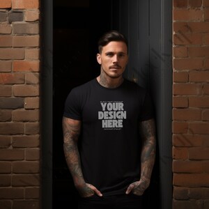 Tattooed Man Black T-Shirt Mockup Tattoo Black Shirt Mockup Bella And Canva Mockups Tattoos Bella Canvas Mockup, Male Shirt mockup, Urban