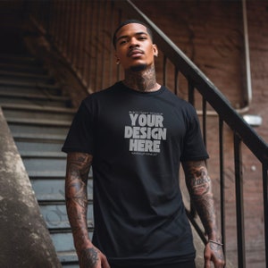 Tattooed Man Black T-Shirt Mockup Tattoo Black Shirt Mockup Bella And Canva Mockups Tattoos Bella Canvas Mockup, Male Shirt mockup, Urban