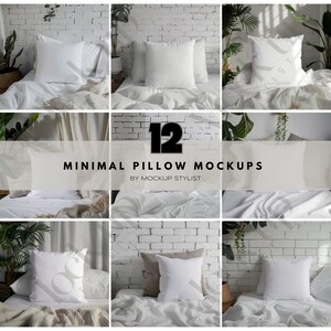 May include: Twelve minimalist pillow mockups featuring white pillows on beds with white linens and a brick wall background. Some pillows are on beds with a tan throw blanket. Some pillows are on beds with green plants in the background.