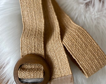 Ceinture élastique effet paille beige dorée boucle en bois bohème