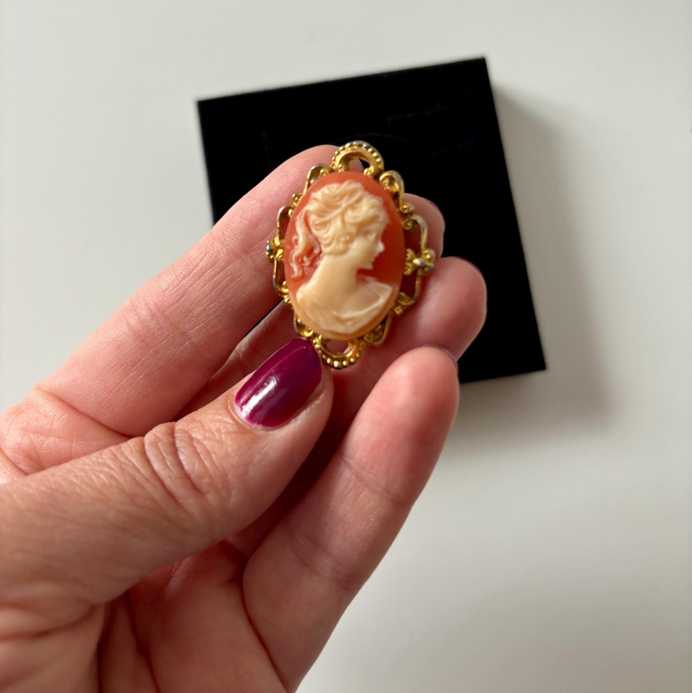 Vintage Cameo Style Brooch Gold Tone Filigree Frame Romantic Victorian Revival Pin
