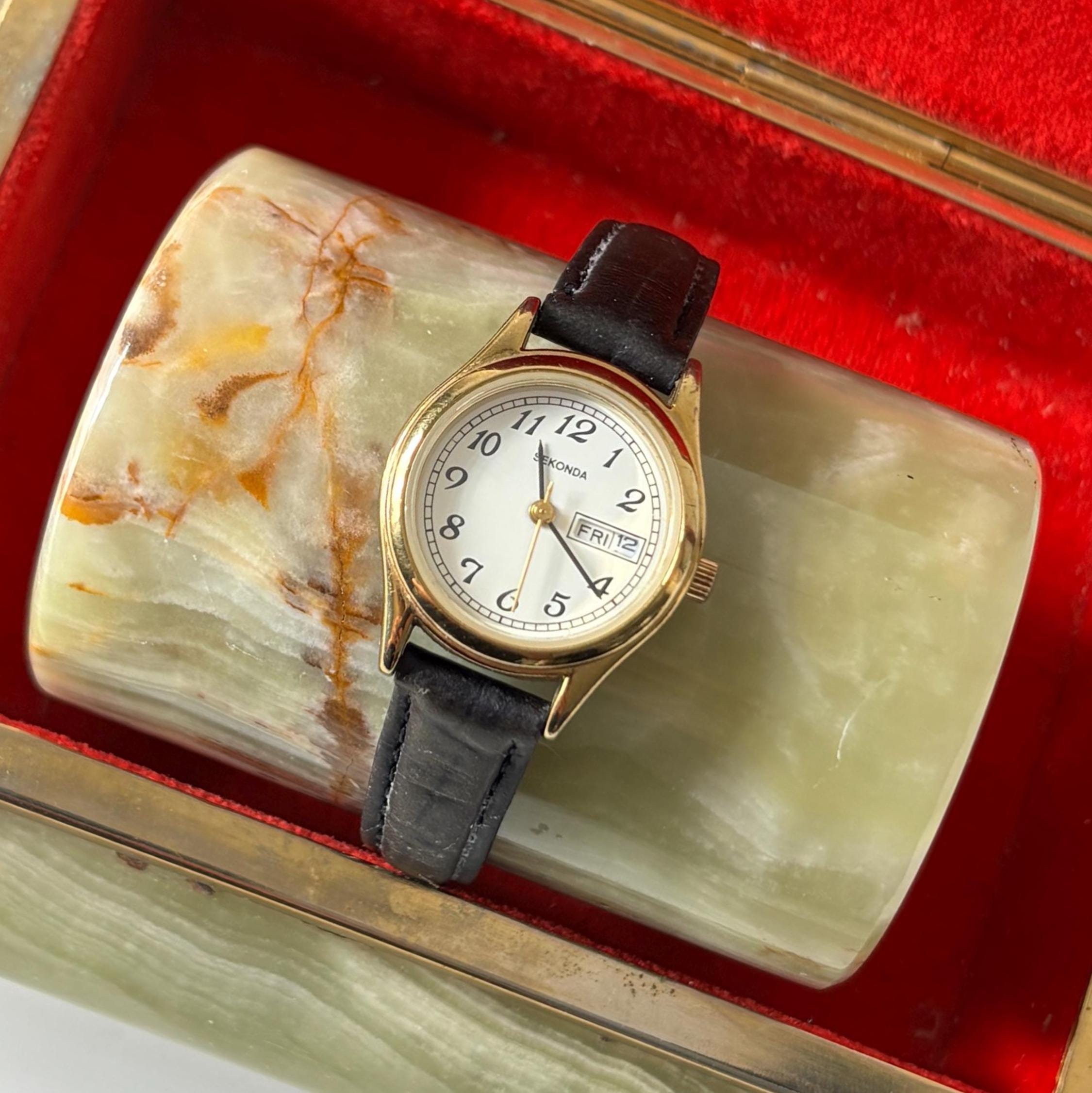 Vintage Sekonda Ladies Day Date Watch Gold Tone Quartz Wristwatch Working