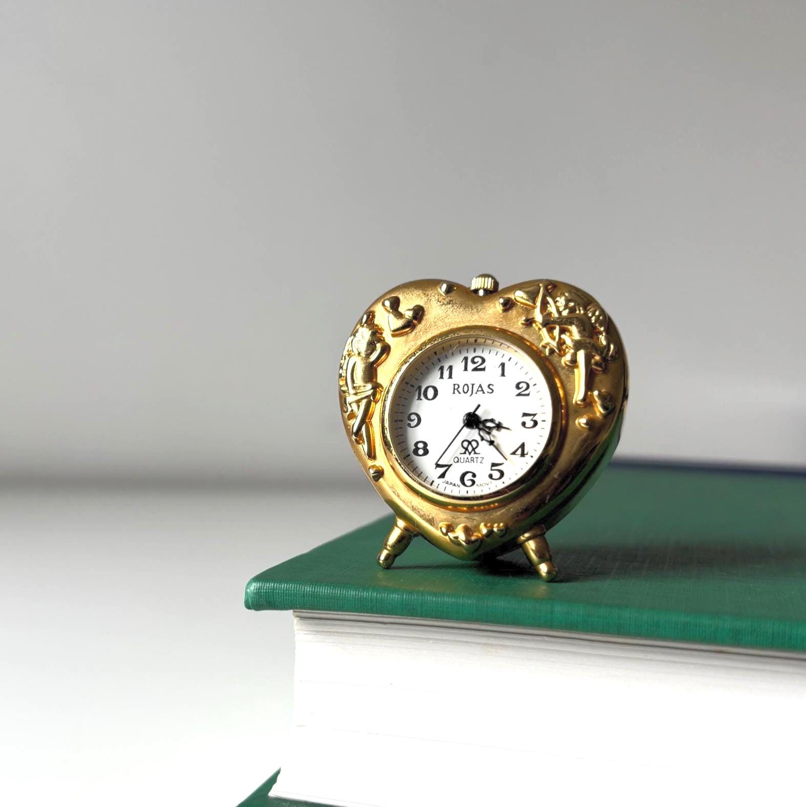 Vintage Miniature Rojas Heart Quartz Clock Gold Tone Cherub Novelty Ornament