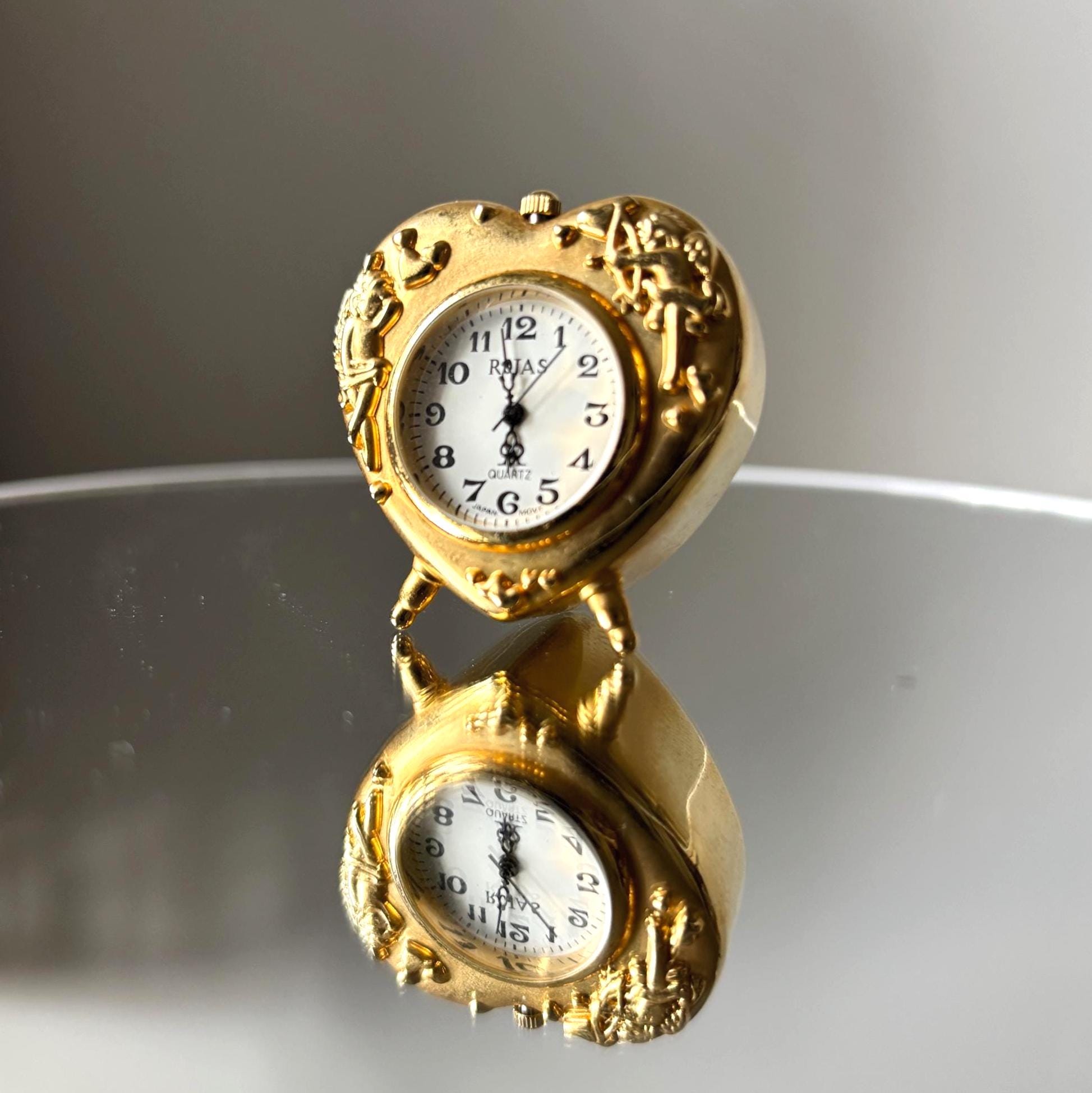 Vintage Miniature Rojas Heart Quartz Clock Gold Tone Cherub Novelty Ornament