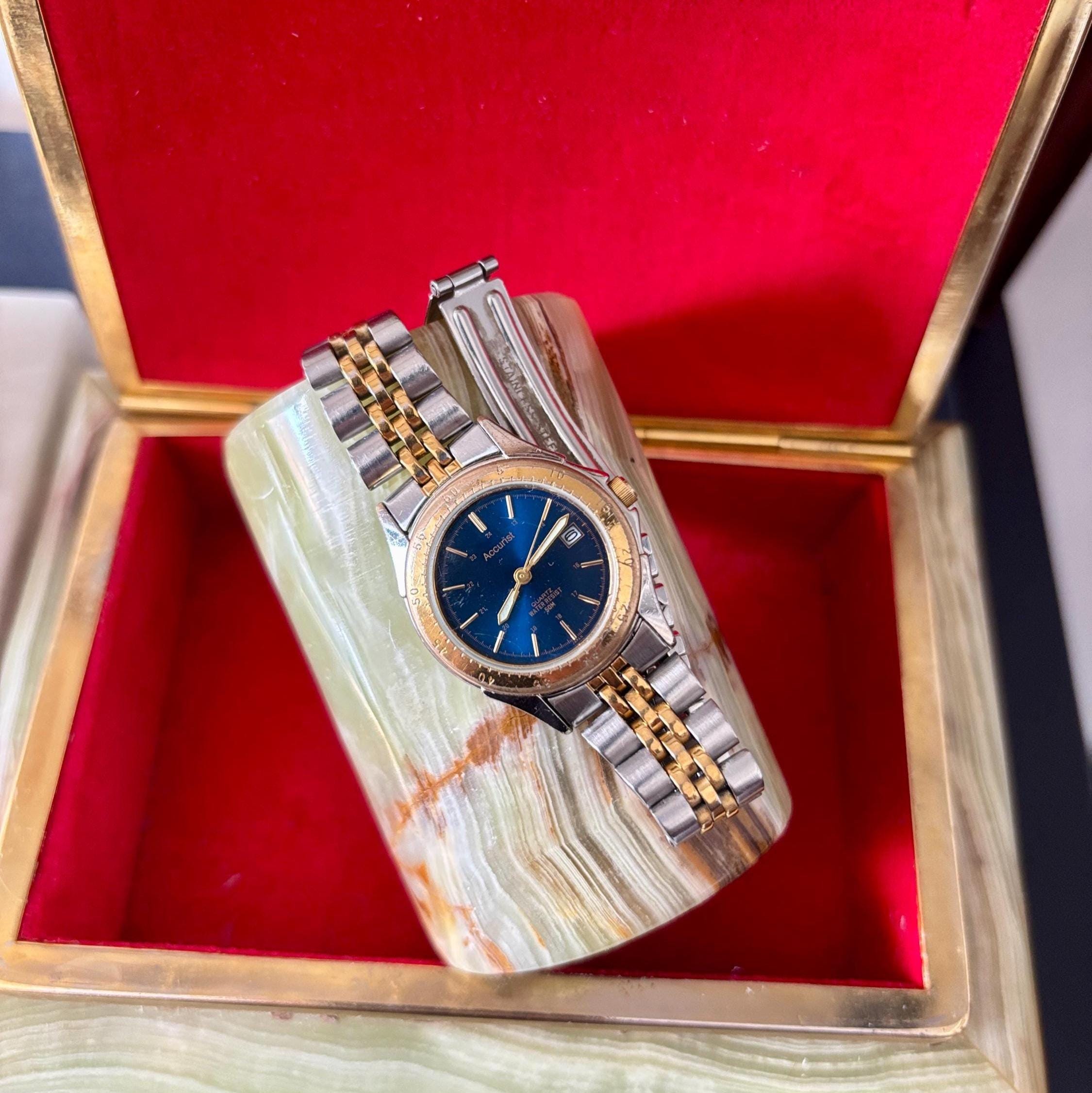 Vintage Accurist Ladies Quartz Watch Blue Dial Two Tone Bracelet Japan