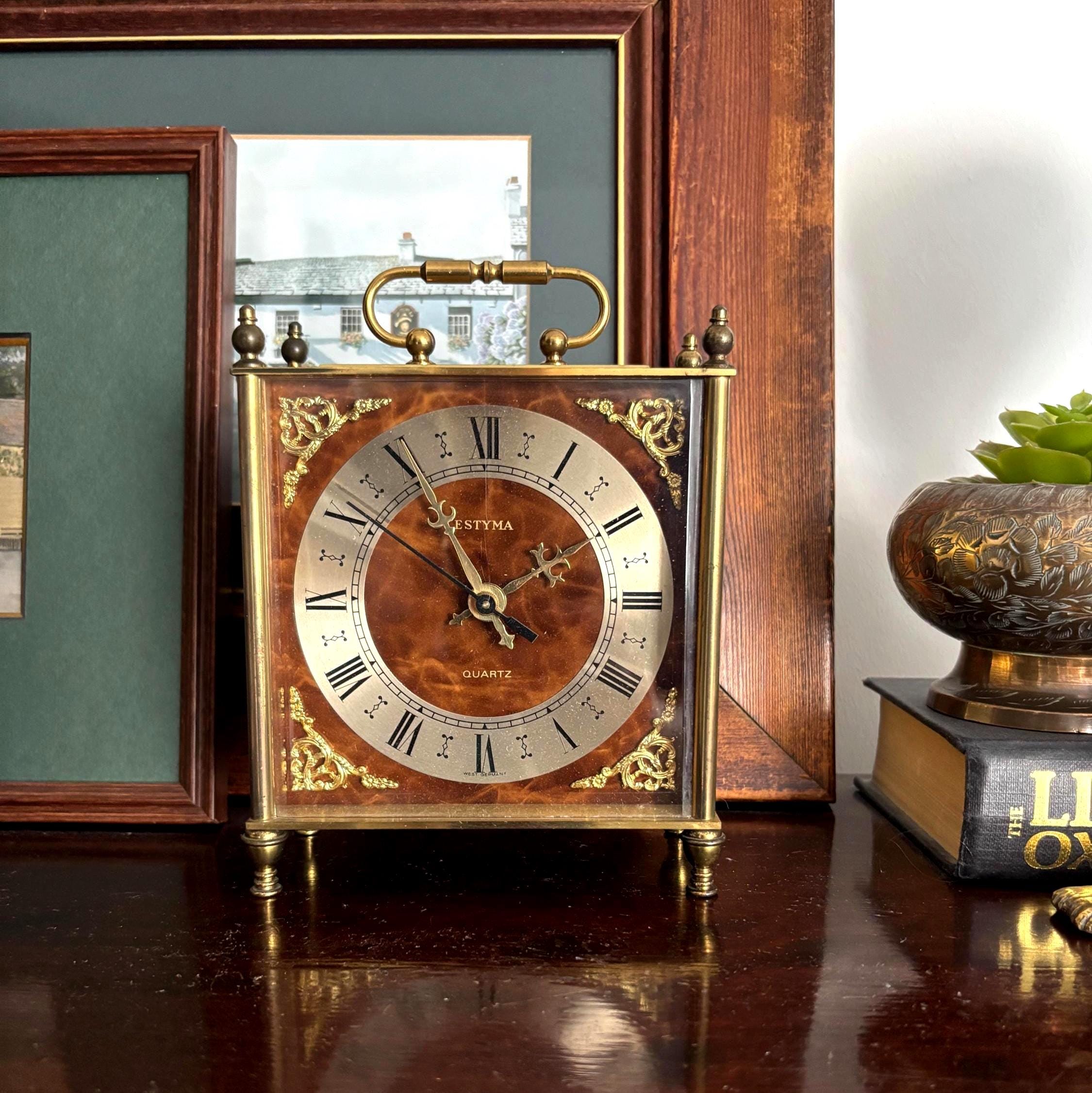 Vintage Estyma Carriage Clock: West Germany Quartz, Faux Burr Wood Brass Mantel Desk Clock