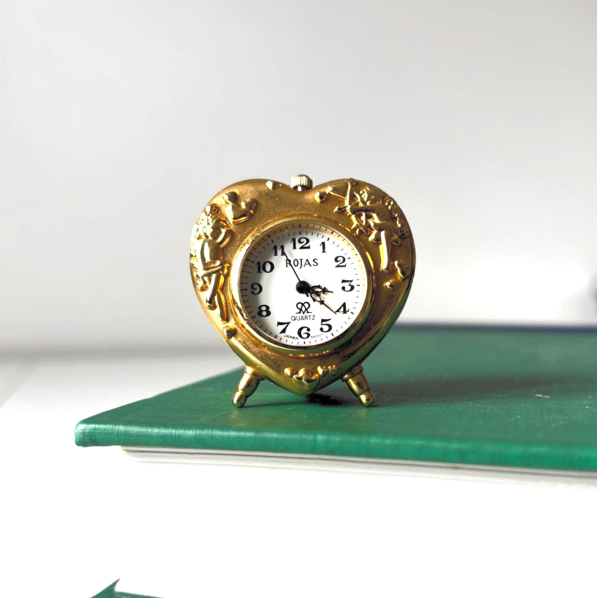 Vintage Miniature Rojas Heart Quartz Clock Gold Tone Cherub Novelty Ornament