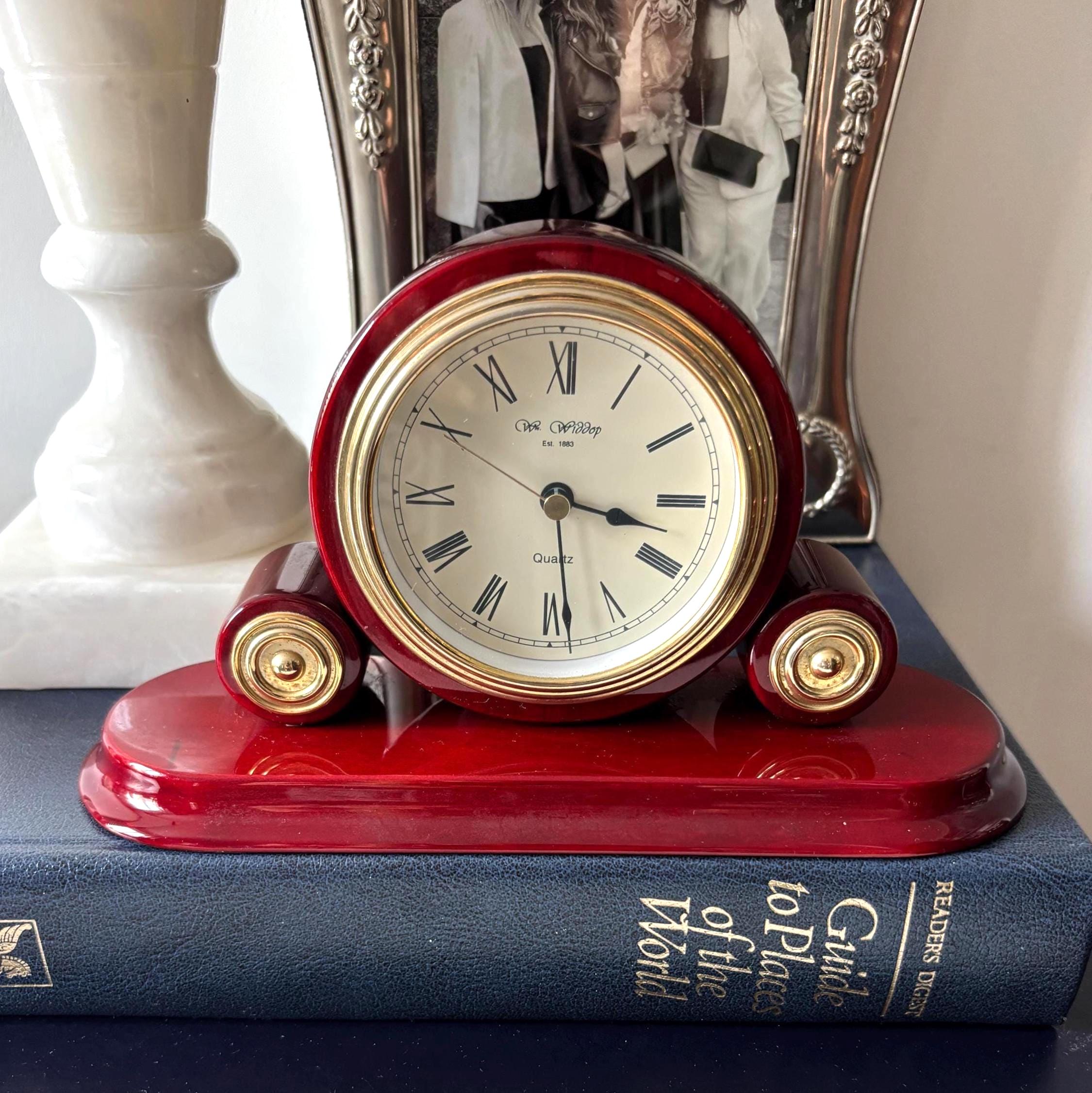 Vintage Wm Widdop Quartz Mantel Clock Burgundy Lacquered Wood Working Desk Clock