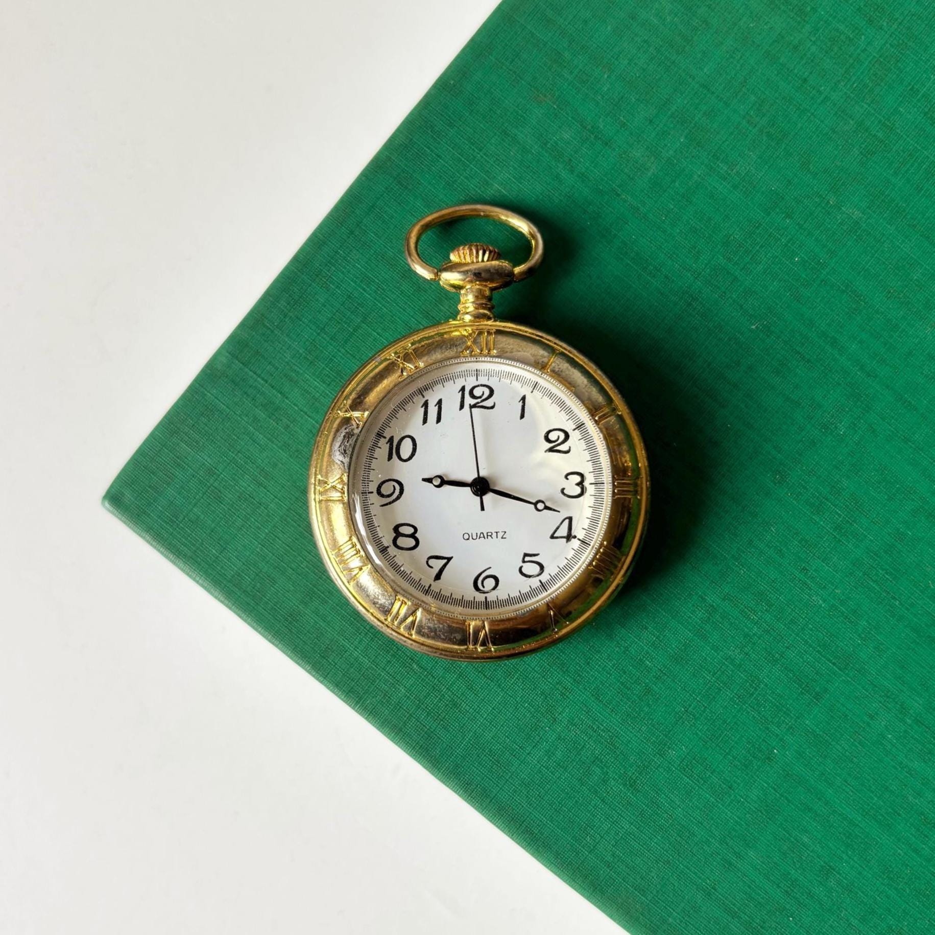 Vintage Gold Tone Quartz Pocket Watch White Dial Traditional Gentleman Style