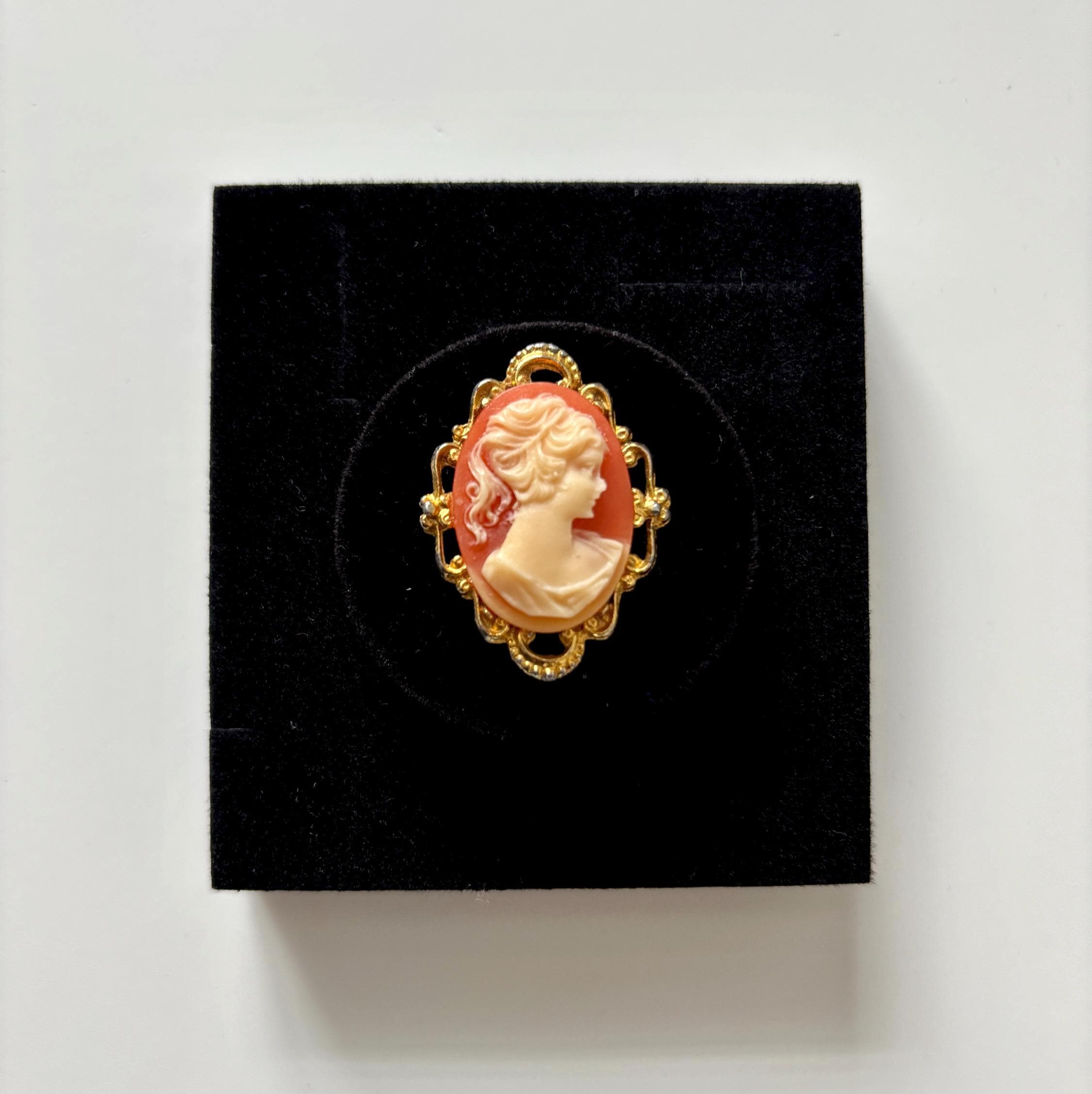 Vintage Cameo Style Brooch Gold Tone Filigree Frame Romantic Victorian Revival Pin