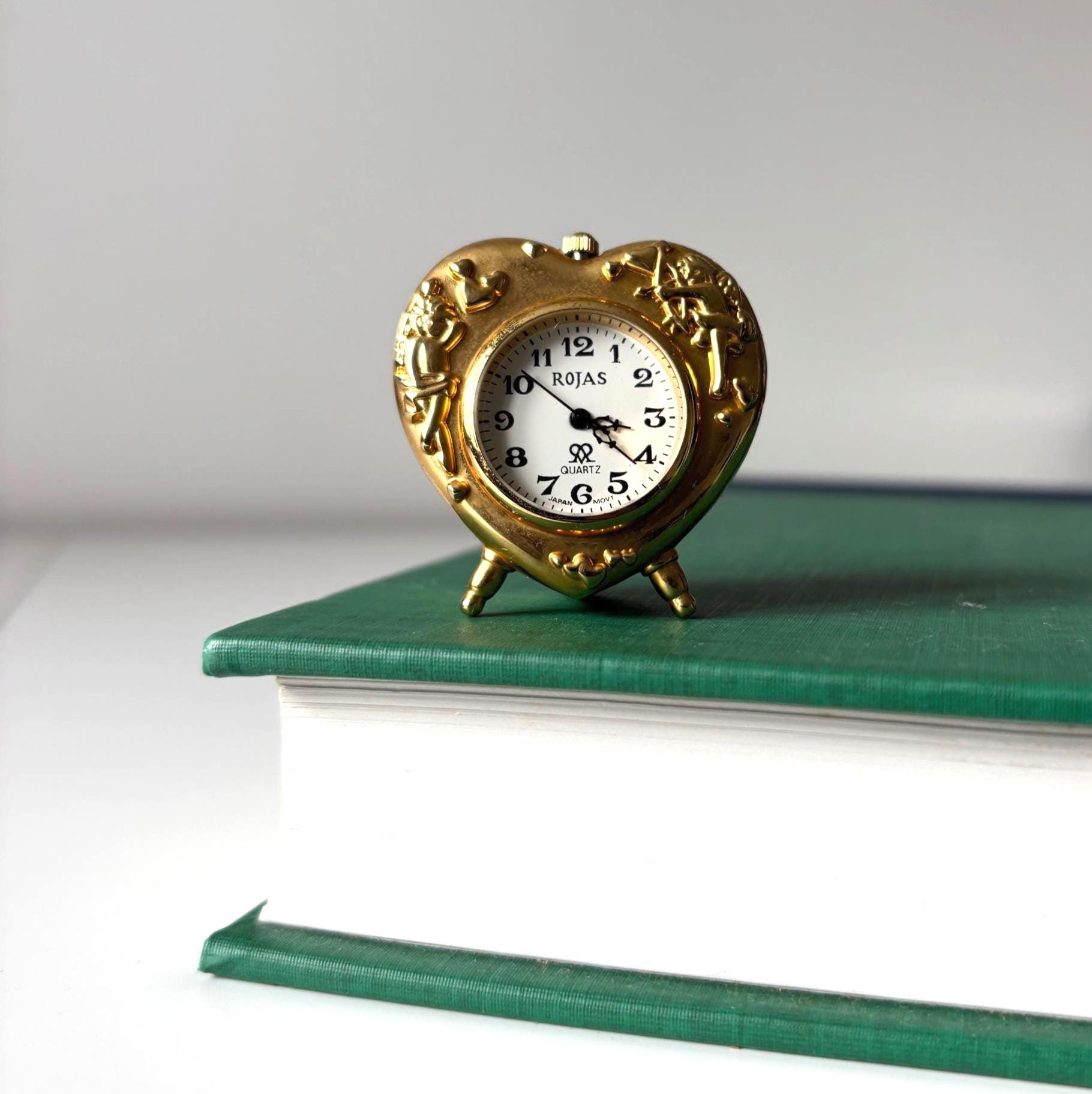 Vintage Miniature Rojas Heart Quartz Clock Gold Tone Cherub Novelty Ornament