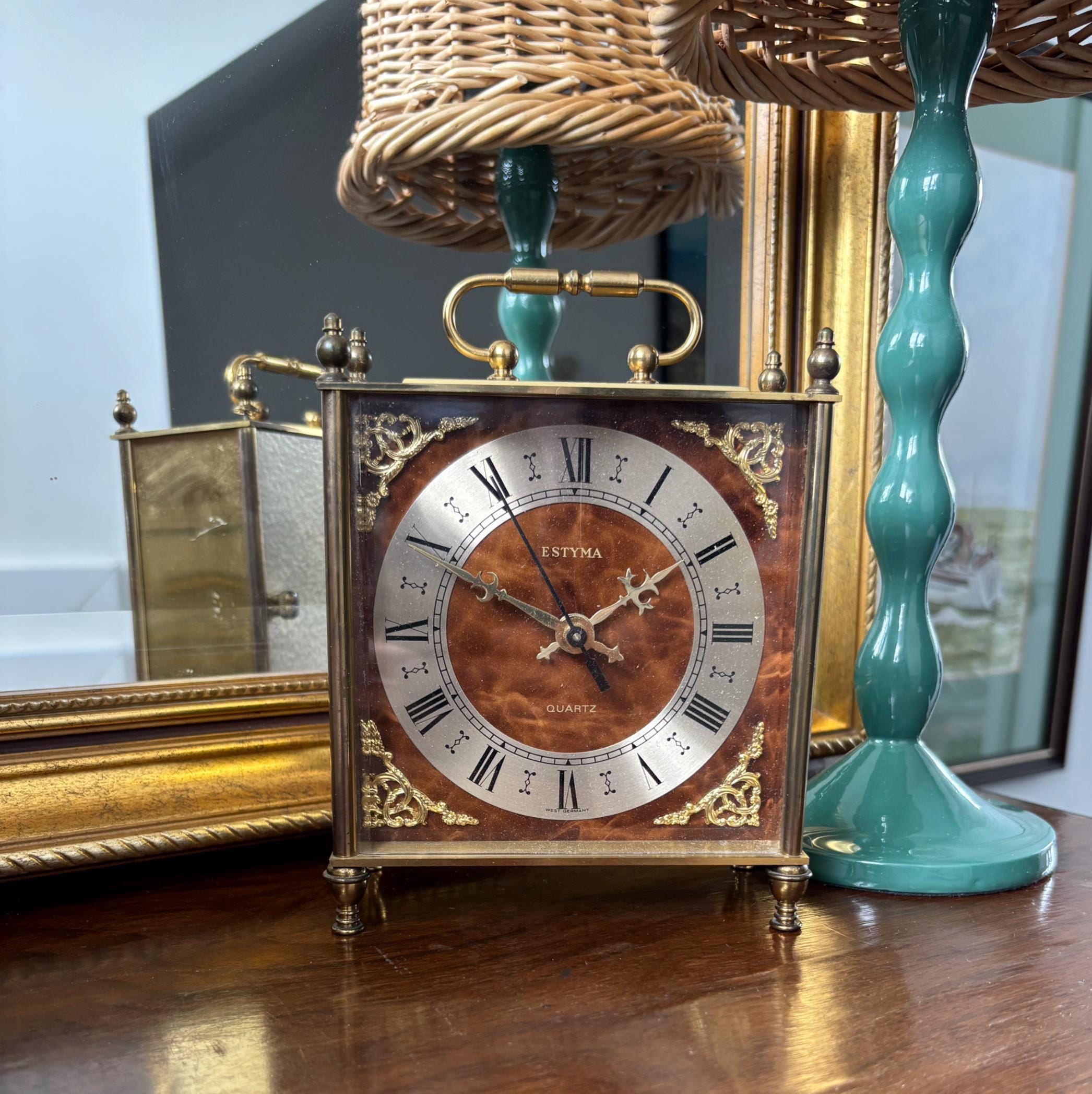 Vintage Estyma Carriage Clock: West Germany Quartz, Faux Burr Wood Brass Mantel Desk Clock
