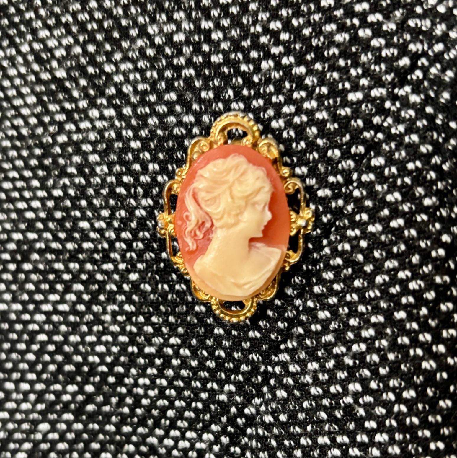 Vintage Cameo Style Brooch Gold Tone Filigree Frame Romantic Victorian Revival Pin