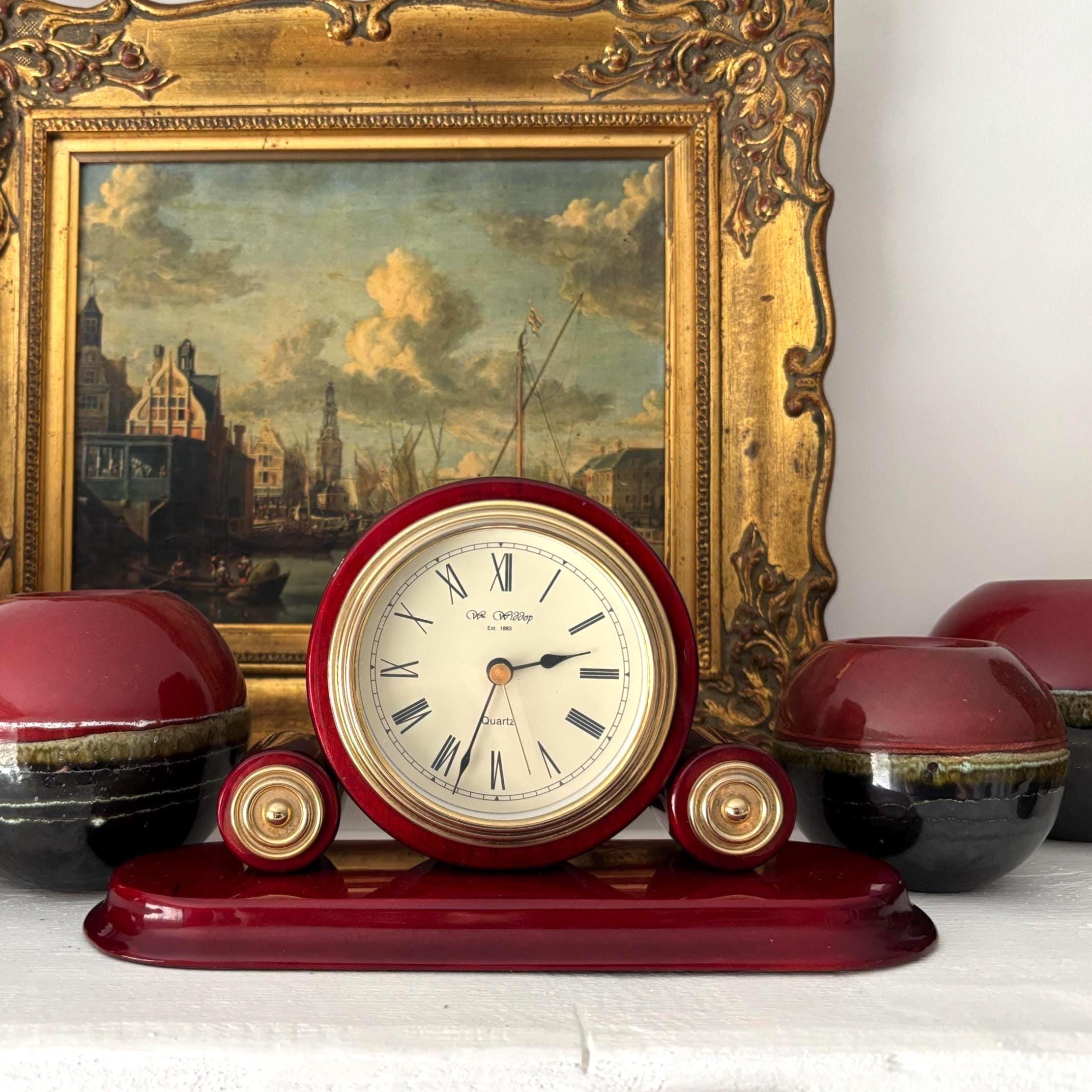 Vintage Wm Widdop Quartz Mantel Clock Burgundy Lacquered Wood Working Desk Clock
