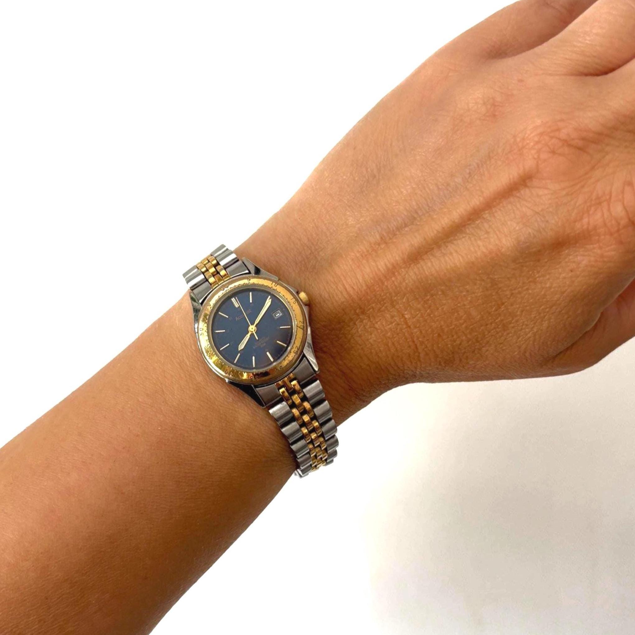 Vintage Accurist Ladies Quartz Watch Blue Dial Two Tone Bracelet Japan