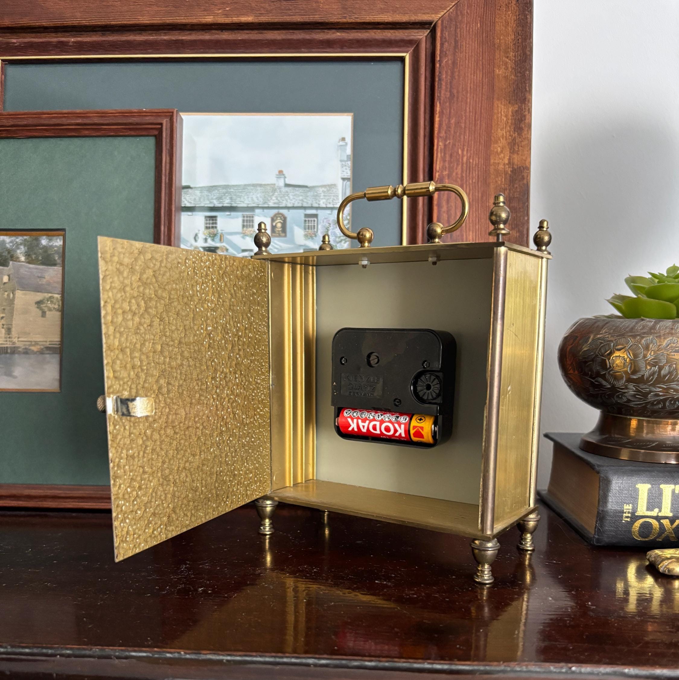 Vintage Estyma Carriage Clock: West Germany Quartz, Faux Burr Wood Brass Mantel Desk Clock