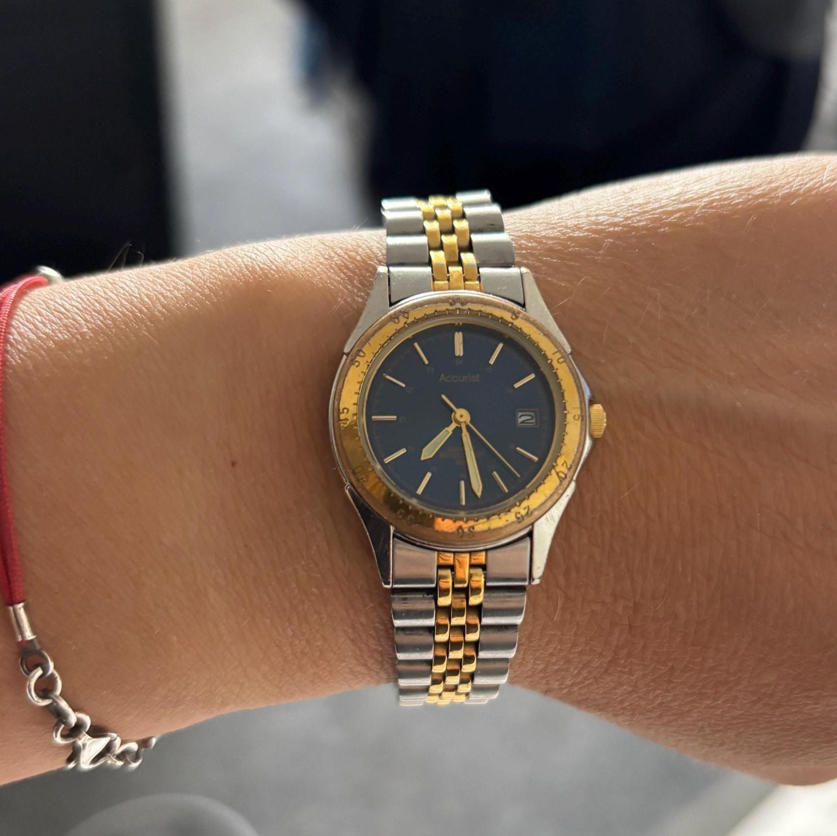 Vintage Accurist Ladies Quartz Watch Blue Dial Two Tone Bracelet Japan