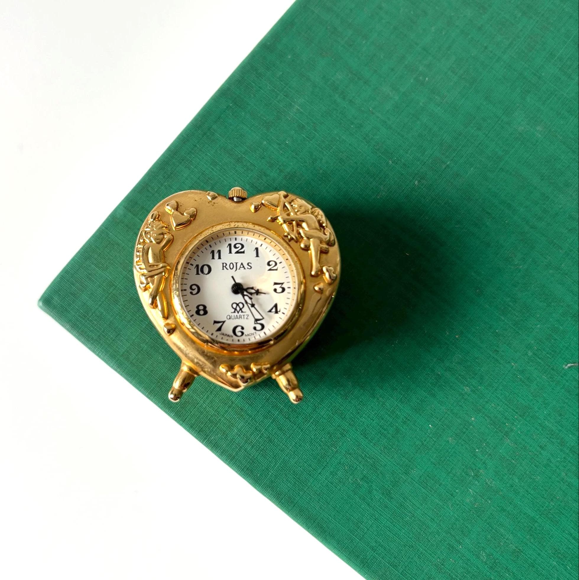 Vintage Miniature Rojas Heart Quartz Clock Gold Tone Cherub Novelty Ornament