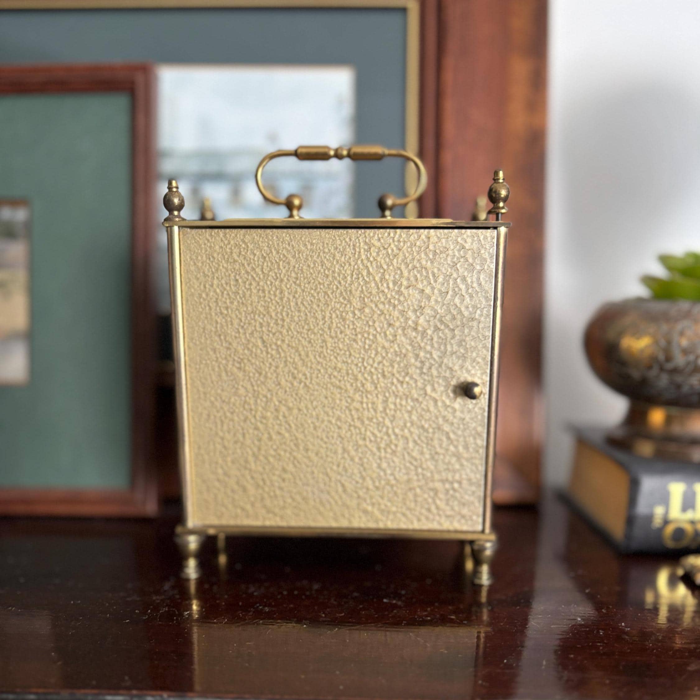 Vintage Estyma Carriage Clock: West Germany Quartz, Faux Burr Wood Brass Mantel Desk Clock