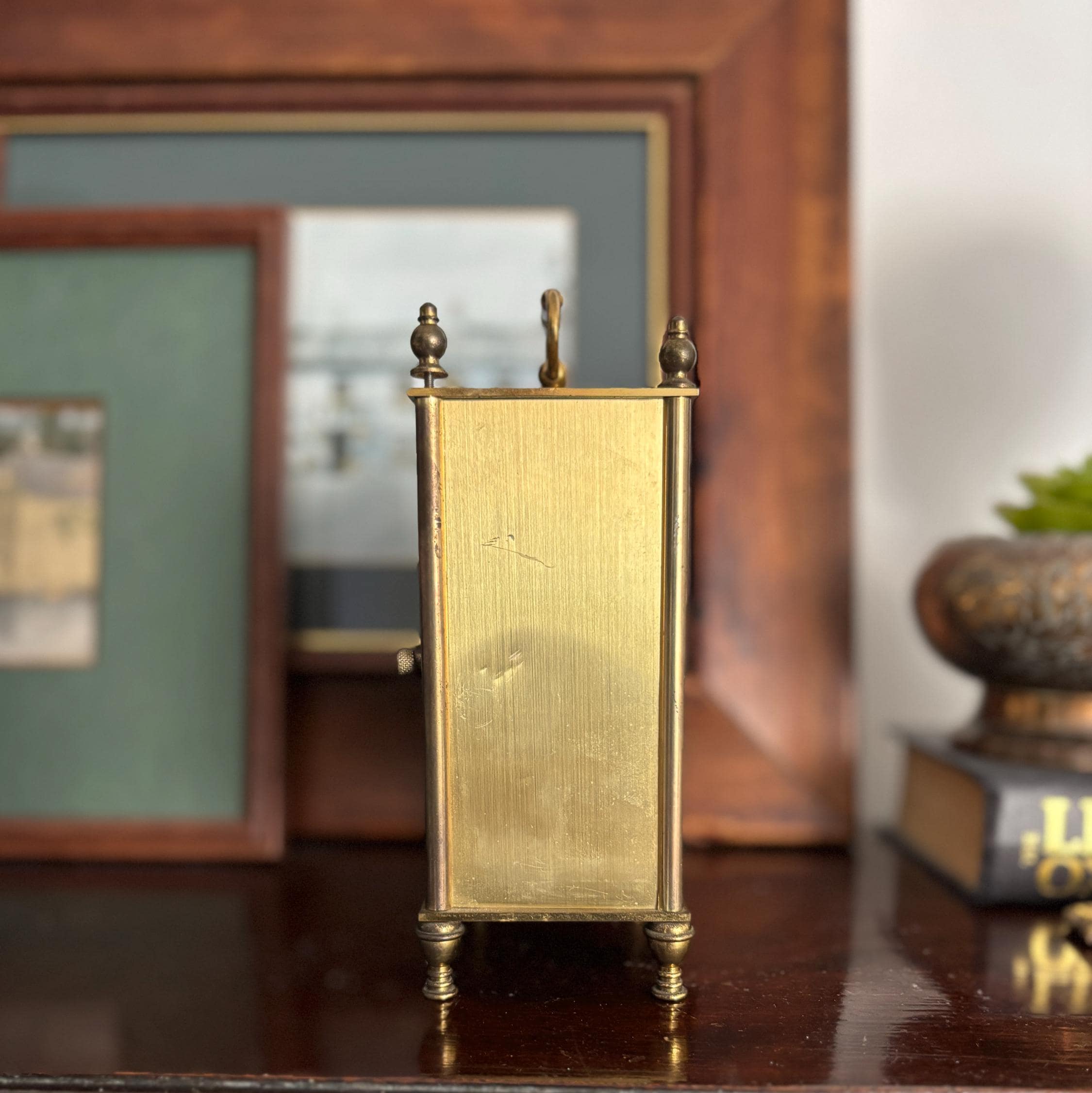 Vintage Estyma Carriage Clock: West Germany Quartz, Faux Burr Wood Brass Mantel Desk Clock