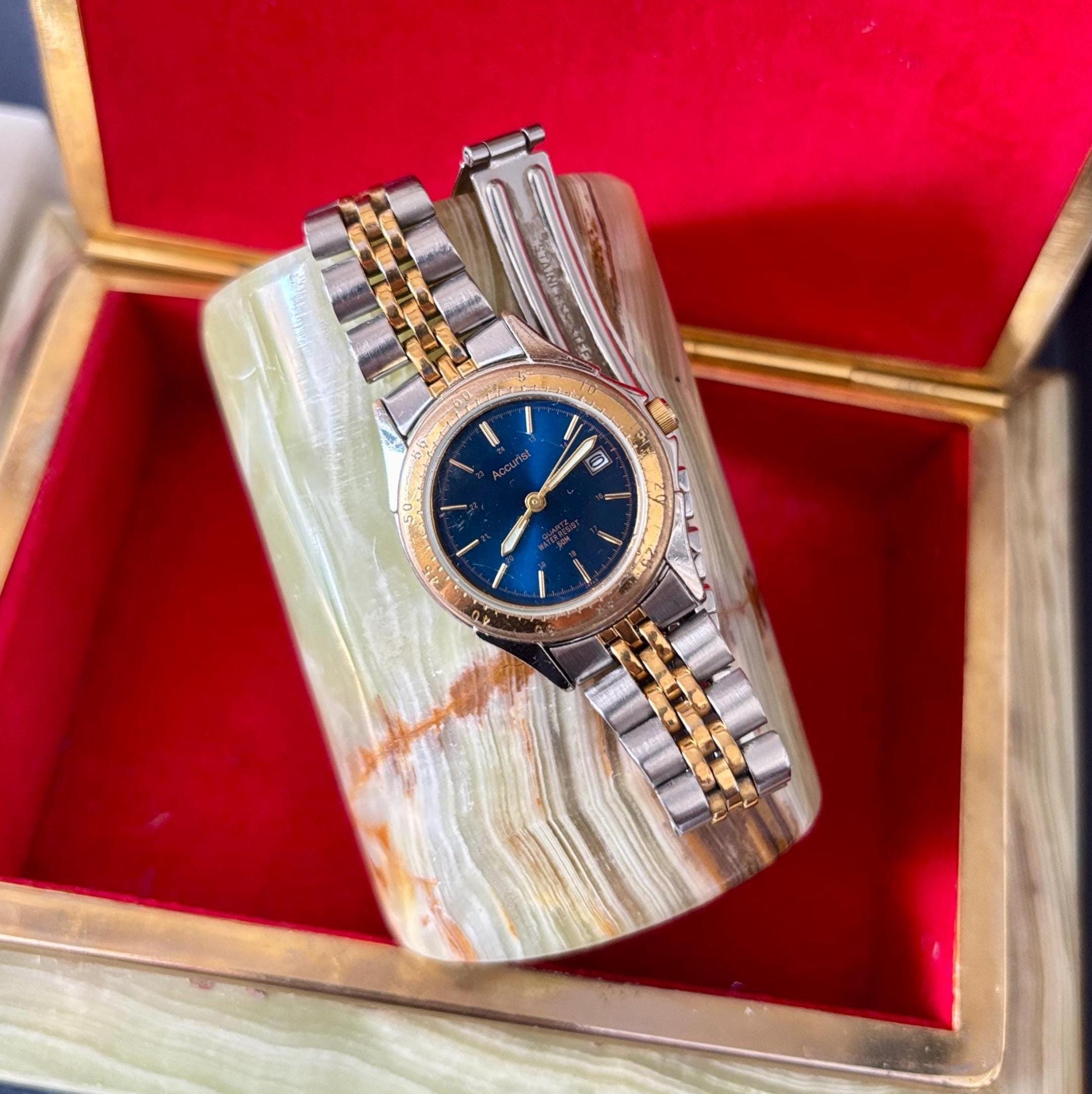Vintage Accurist Ladies Quartz Watch Blue Dial Two Tone Bracelet Japan