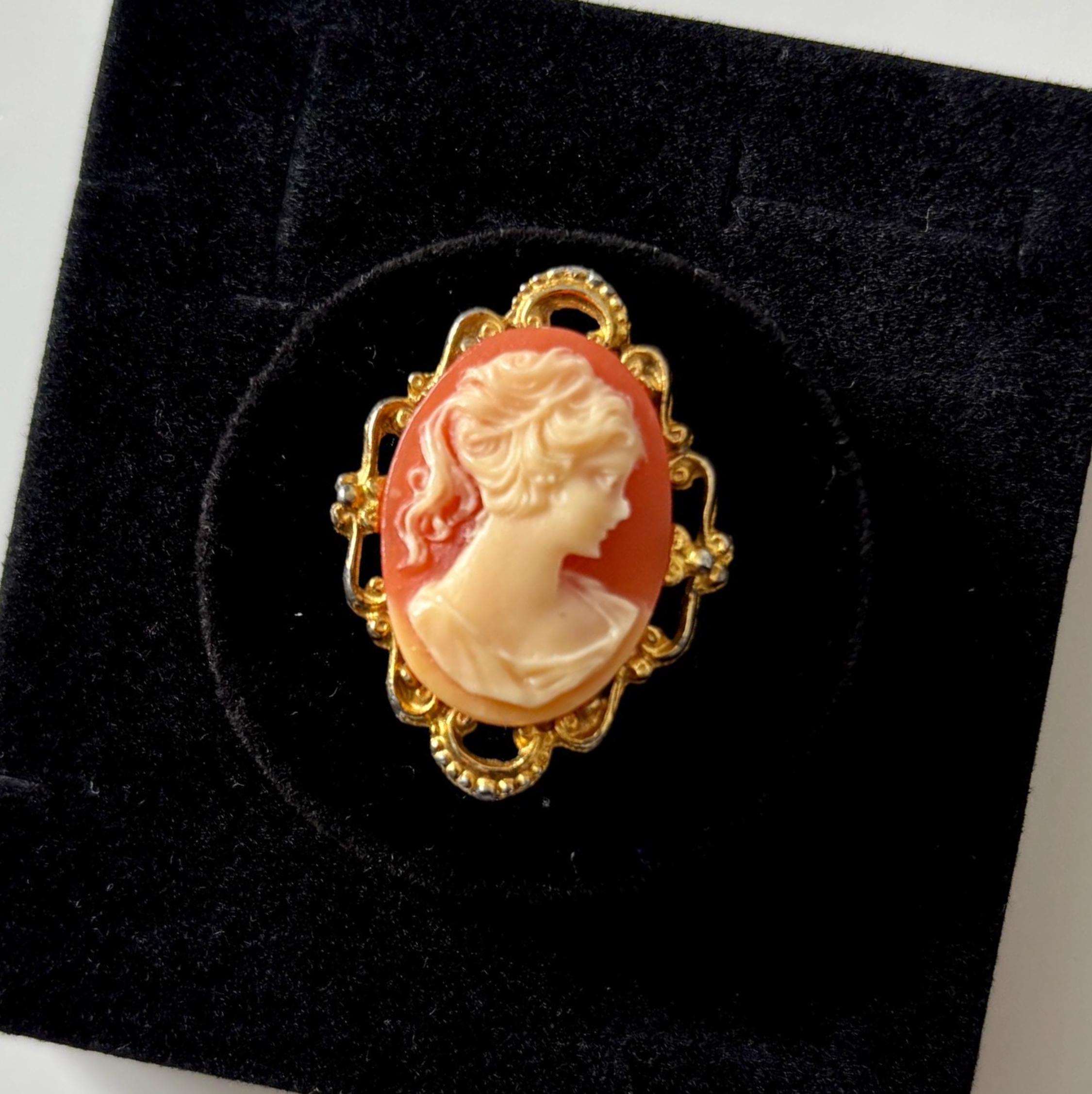 Vintage Cameo Style Brooch Gold Tone Filigree Frame Romantic Victorian Revival Pin