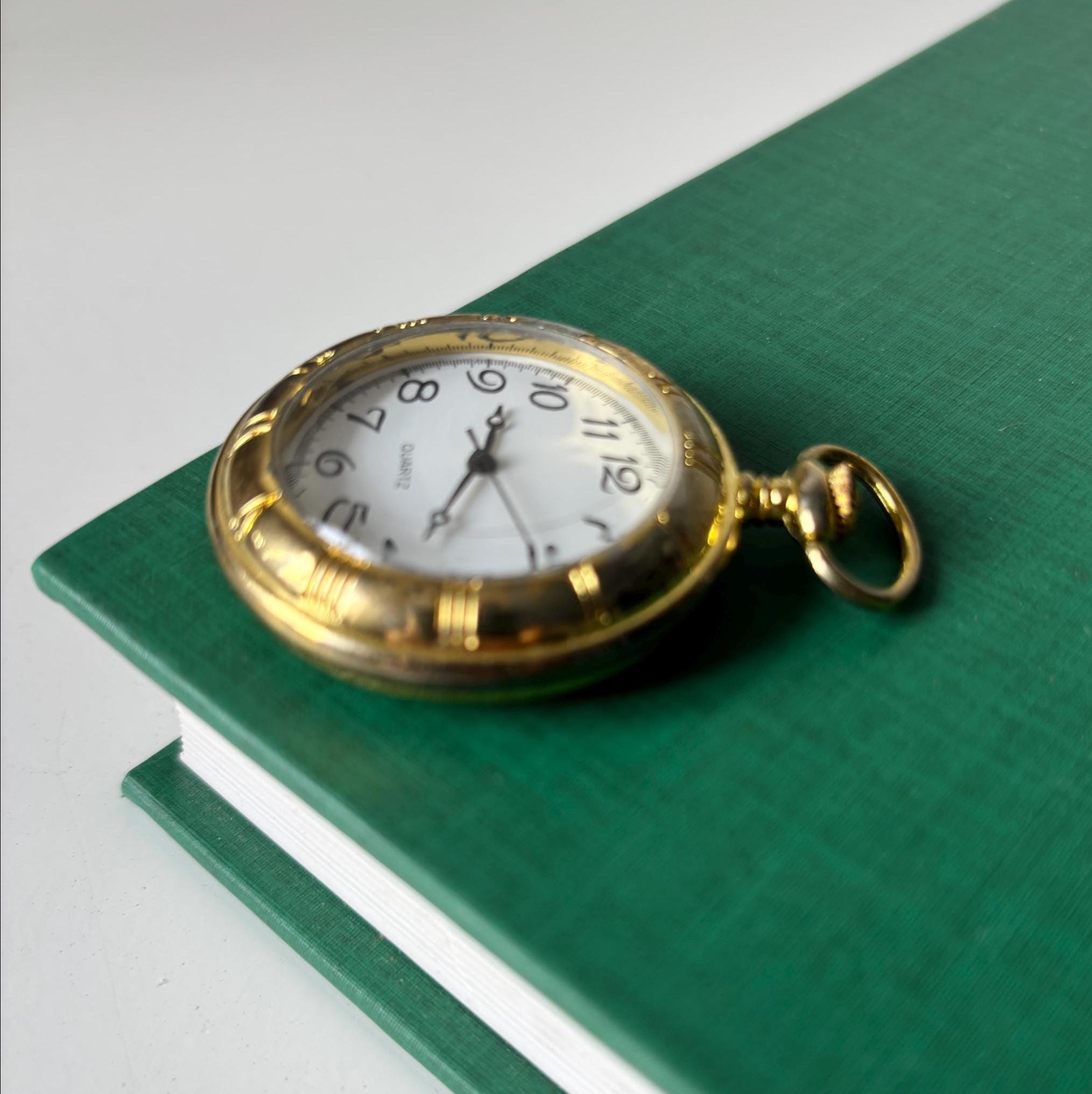 Vintage Gold Tone Quartz Pocket Watch White Dial Traditional Gentleman Style