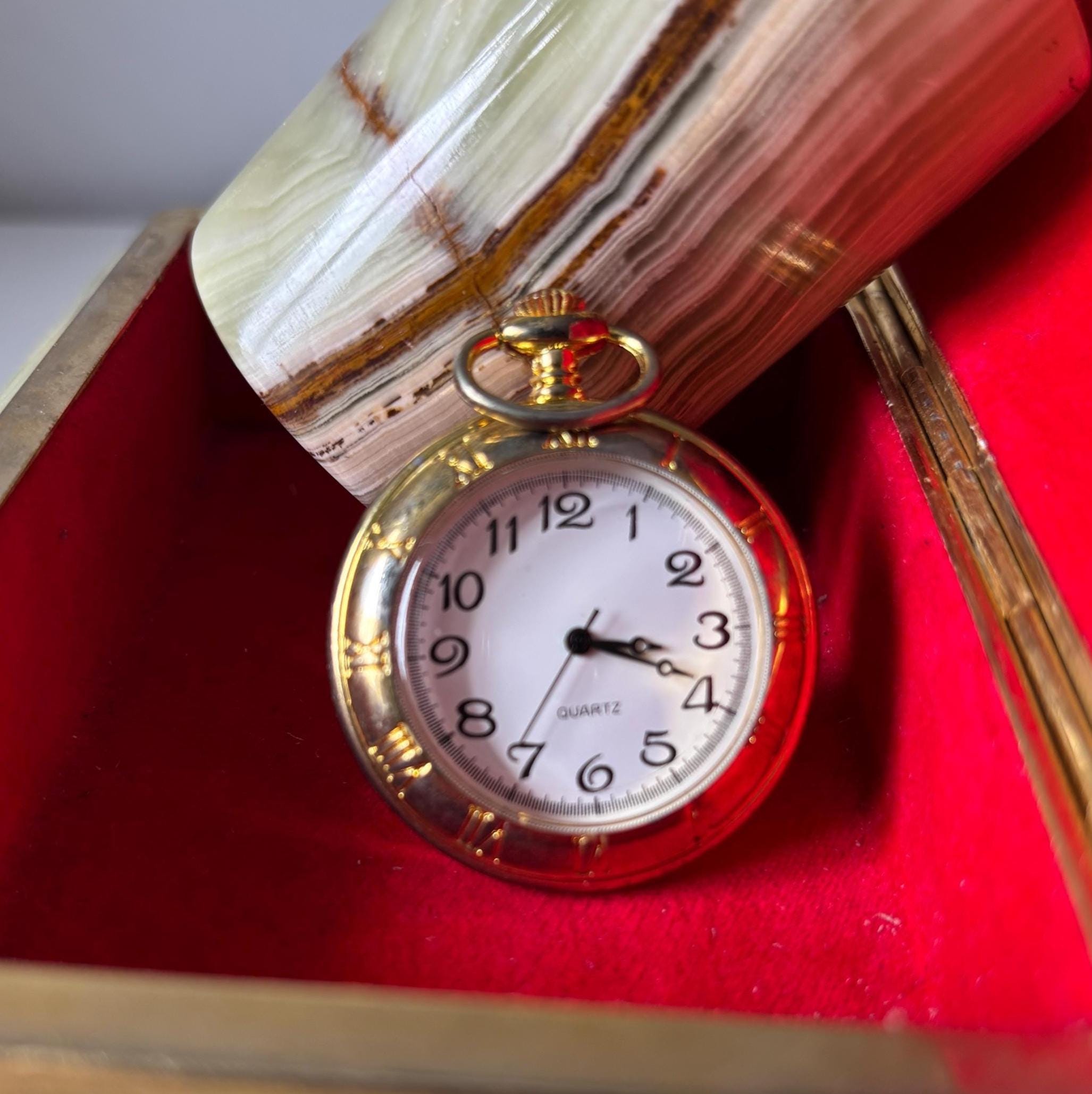 Vintage Gold Tone Quartz Pocket Watch White Dial Traditional Gentleman Style