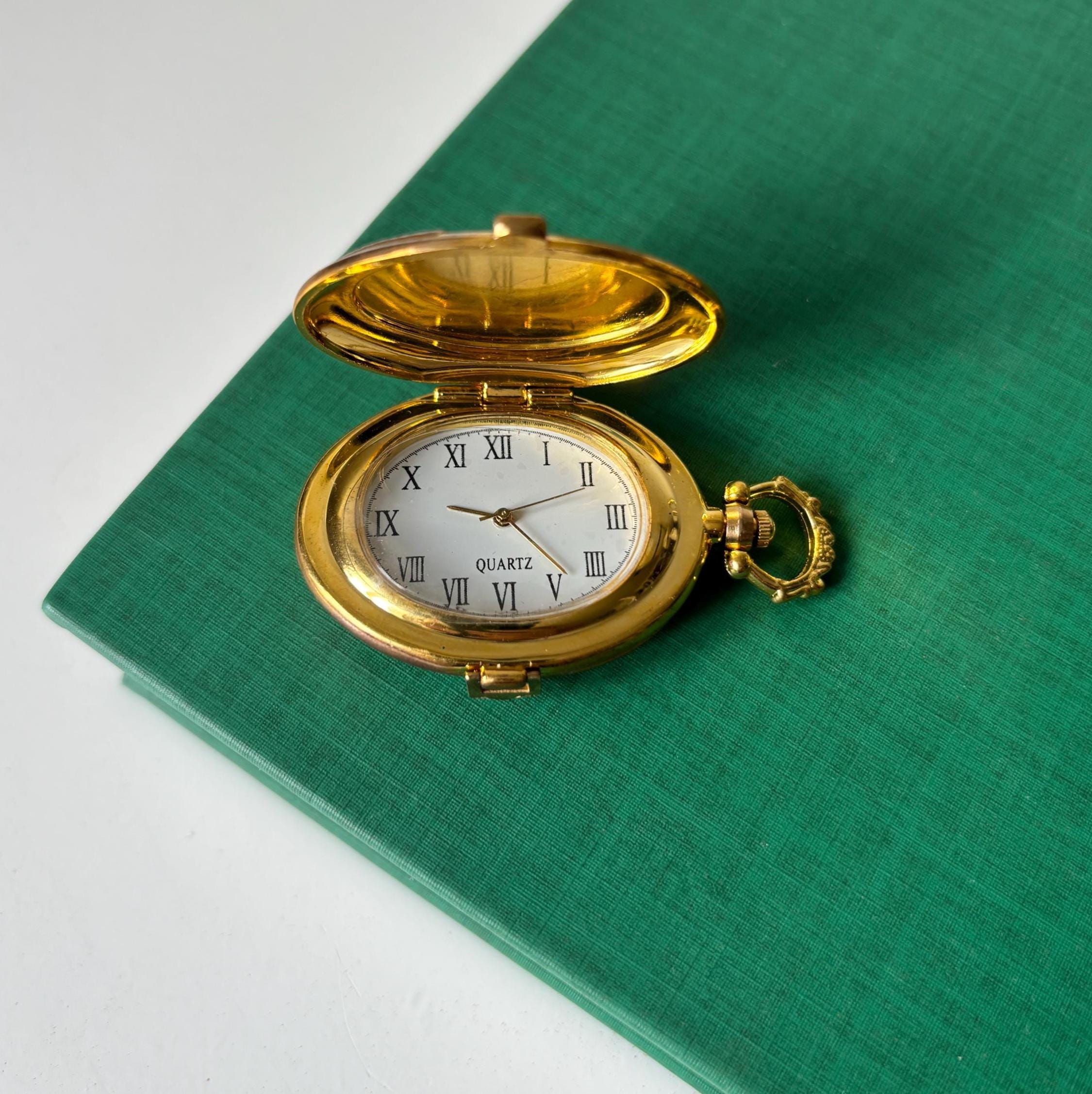 Vintage Gold Tone Quartz Pocket Watch Hidden Dial Roman Numerals Locket Style