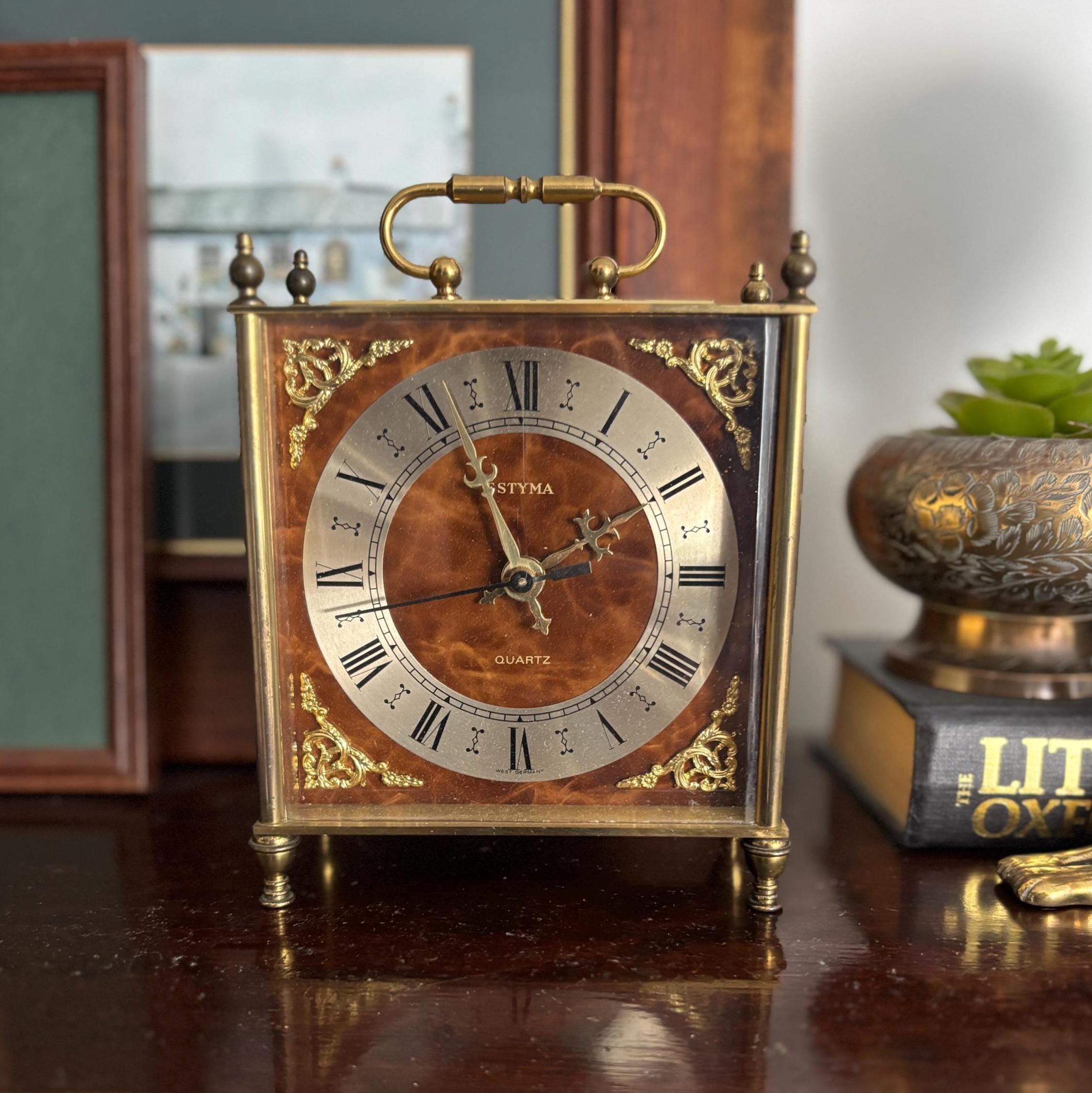 Vintage Estyma Carriage Clock: West Germany Quartz, Faux Burr Wood Brass Mantel Desk Clock