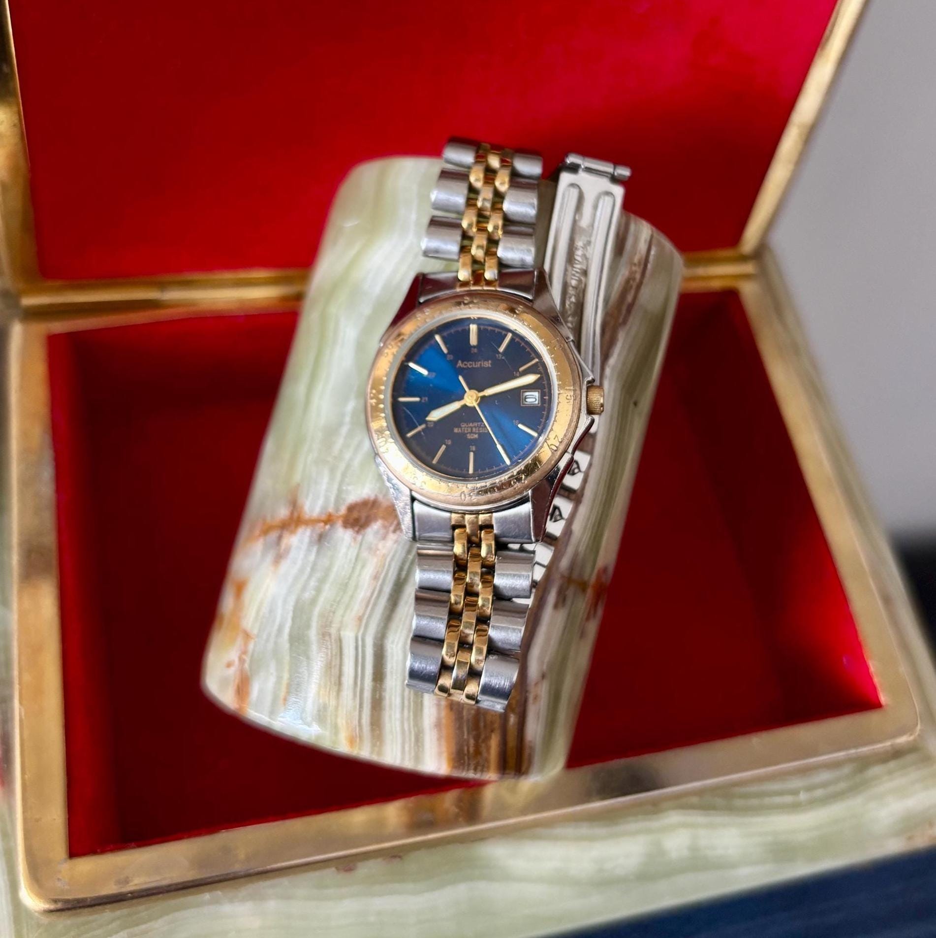Vintage Accurist Ladies Quartz Watch Blue Dial Two Tone Bracelet Japan