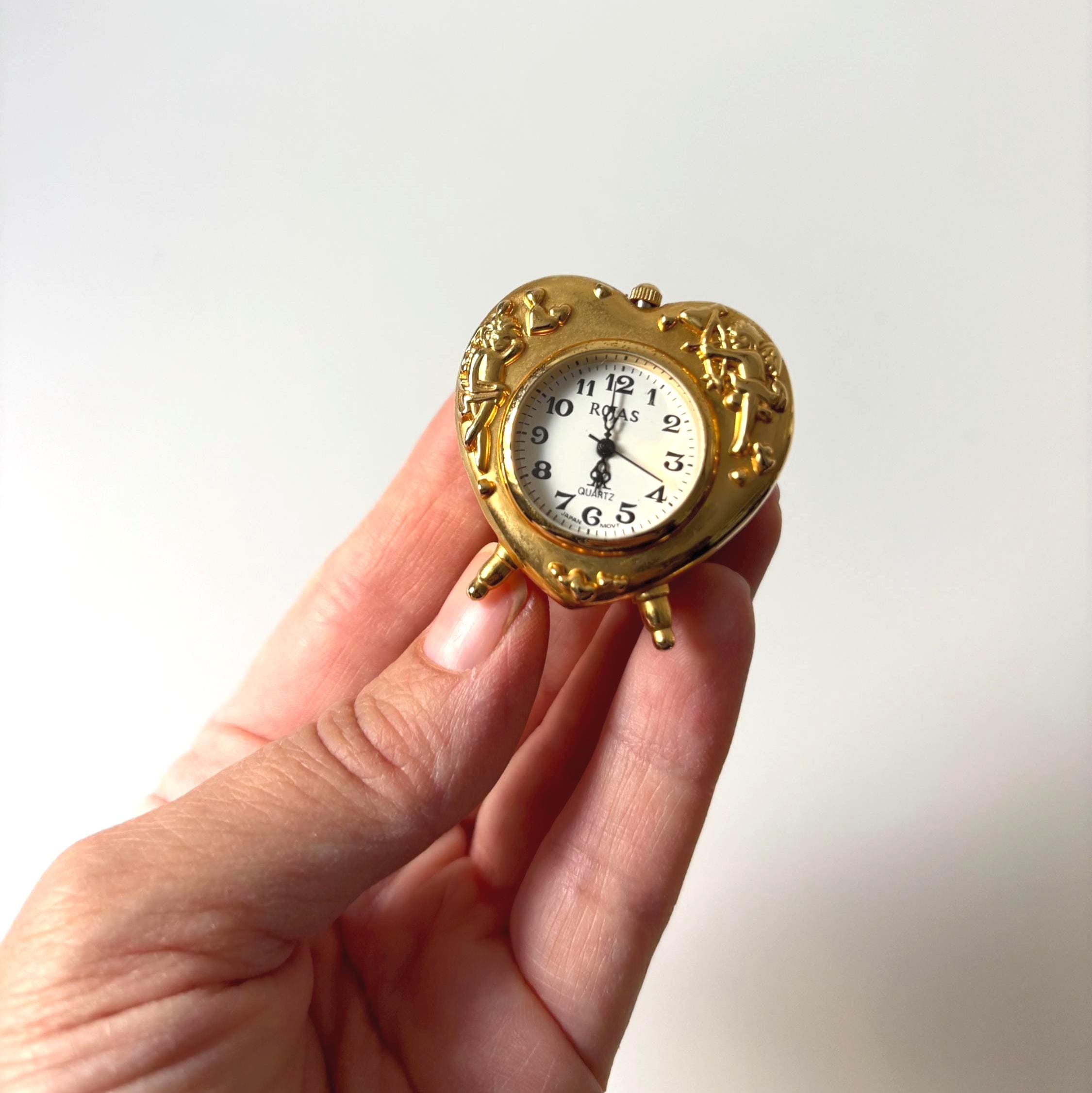 Vintage Miniature Rojas Heart Quartz Clock Gold Tone Cherub Novelty Ornament