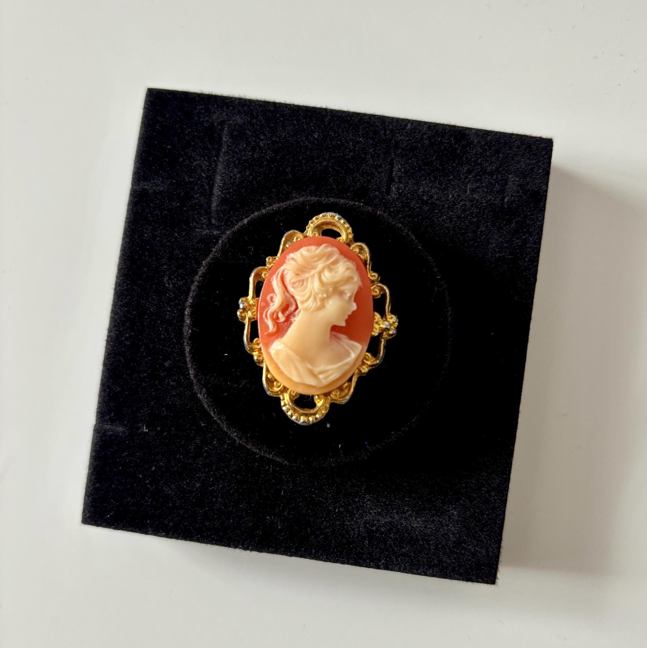 Vintage Cameo Style Brooch Gold Tone Filigree Frame Romantic Victorian Revival Pin